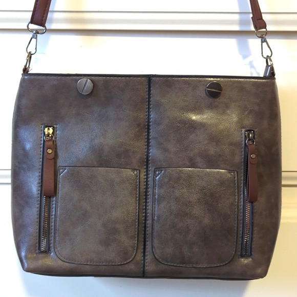 Satchel Crossbody Bag Leather Look Casual Shoulder Handbag Taupe/Brown Medium - Picture 11 of 14